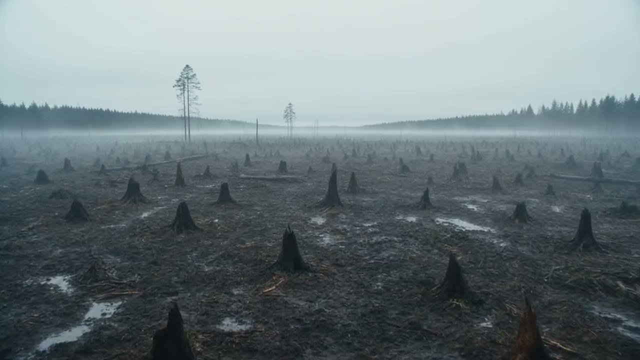 El claro de Monte Redondo después de la tala, lleno de tocones bajo la niebla